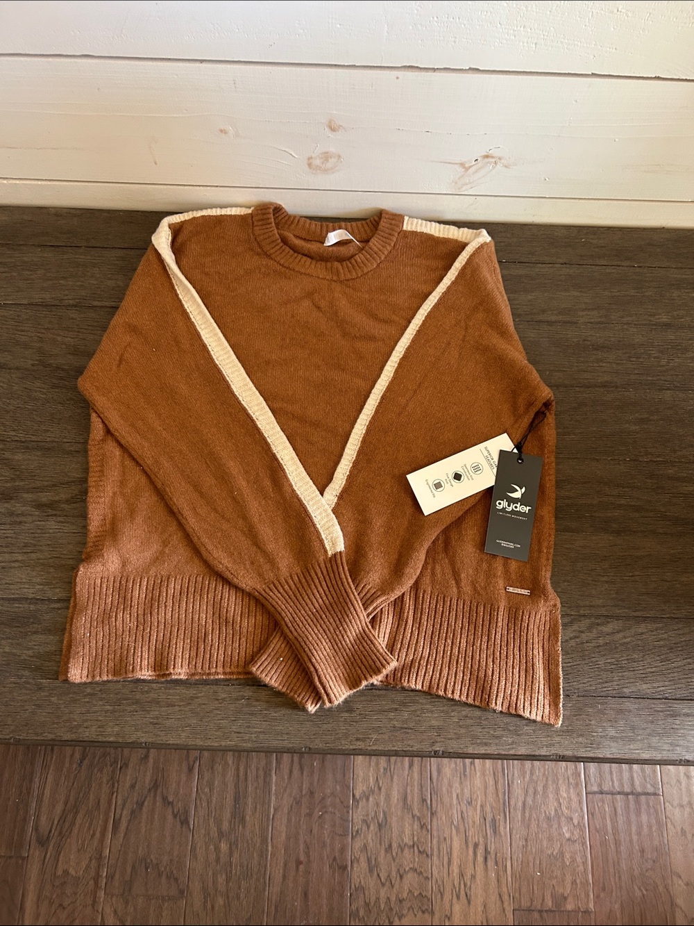 Glyder Rust Crewneck Sweater with Cream V-Trim